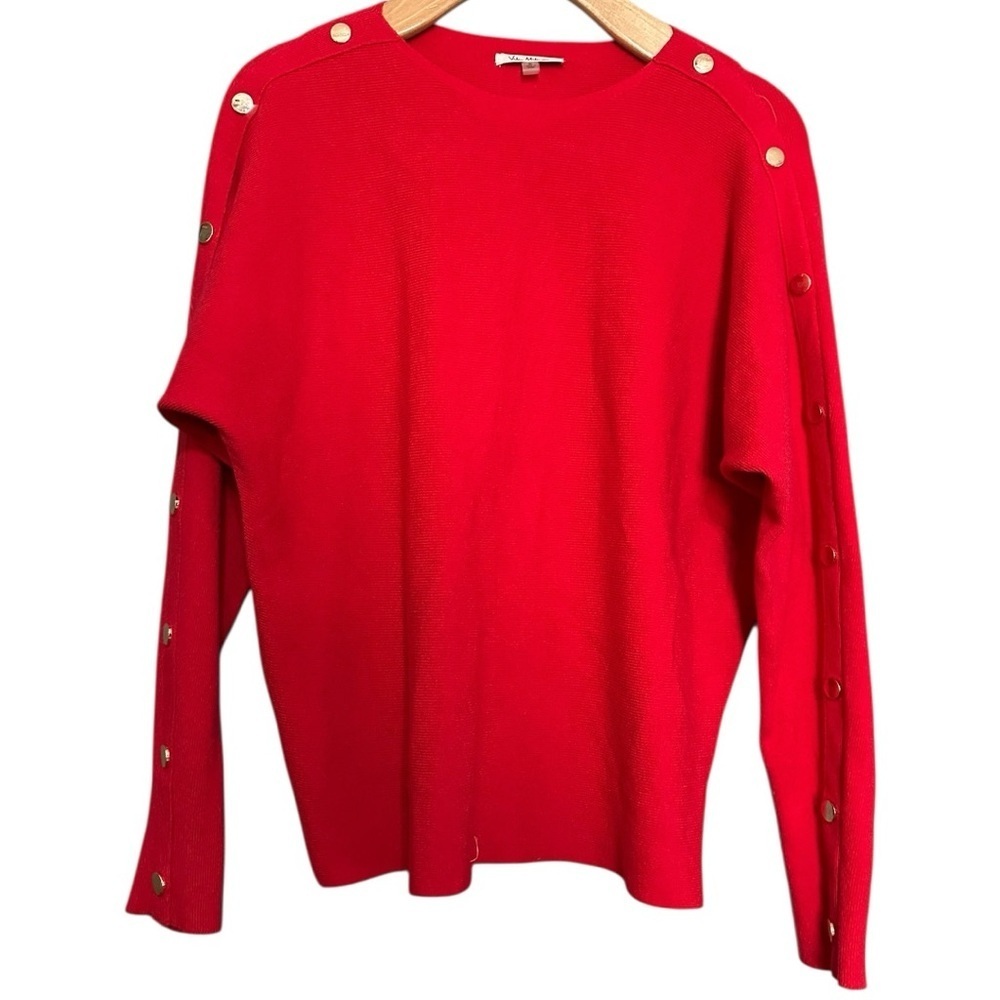 Vila Milano Women’s Size S Red Lightweight Knit Gold Faux Snap Up Arms Sweater - Picture 2 of 7